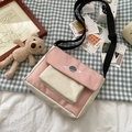 Pink and white canvas crossbody bag with planet embroidery and adjustable strap - With Bear / Pink