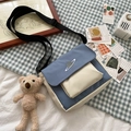 Blue and white canvas messenger bag with planet embroidery and teddy bear charm - With Bear / Blue