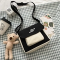 Minimalist black and white canvas crossbody bag with trendy planet embroidery - With Bear / Black