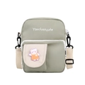 Cute bean green canvas crossbody bag for women featuring a cartoon bear applique - Green