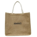 Large capacity jute tote bag with merci print and braided handles for shopping - Yellow