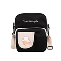 Cute Korean style black canvas crossbody bag with white pocket and bear patch - Black