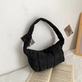 Minimalist black quilted puffer shoulder bag with a soft pleated square design for women - Black