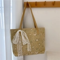 Borsa tote in paglia con ricamo floreale, manici in pelle e fiocco in pizzo bianco - Cachi