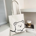 White canvas tote bag with black cartoon bear print for students and casual use - White Style 3