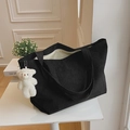 Borsa tote in velluto a coste nera con cerniera e simpatico ciondolo a forma di orso - Nero (Con Ciondolo)