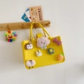 Cute yellow felt tote bag with cartoon plush patches and bright yellow handles - Yellow