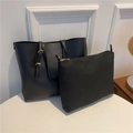 Minimalistisches schwarzes Tote-Bag-Set aus Kunstleder mit Reißverschluss-Clutch und Goldakzenten - Schwarz