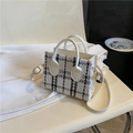 Elegant black and white plaid tweed small handbag with white leather handle and strap - White