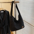 Sac fourre-tout classique en velours côtelé noir à grande capacité et étiquette cuir - Noir