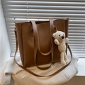 Brown soft PU leather tote bag with a cute teddy bear charm and adjustable shoulder strap - Brown with Pendant