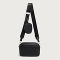 Quilted black crossbody bag with wide shoulder strap and round coin purse accessory - Black