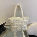 Minimalist white quilted puffer tote bag with square stitching and soft carry straps - White
