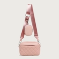 Pink quilted crossbody bag set with matching round pouch and adjustable strap - Pink