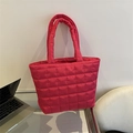 Rose pink quilted puffer tote bag made of lightweight nylon with soft square stitching - Rose Red