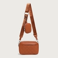 Caramel brown quilted crossbody bag set with detachable round coin purse and nylon strap - Brown