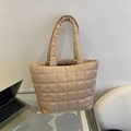 Chic beige quilted tote bag with large square stitching and glossy nylon finish - Khaki
