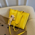 Yellow leather tote bag with cute bear charm and adjustable shoulder strap for women - Yellow with Pendant