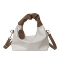 White PU leather handbag with brown pleated handle and adjustable crossbody strap - White