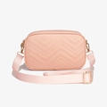 Pink quilted camera bag with V-shaped texture and adjustable wide fabric strap - Pink