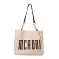 Chic cream tote bag with brown MCAORI lettering and leather handles in minimalist style - White & Coffee