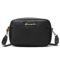 Bolso bandolera negro acolchado en V con detalles dorados y correa de tela ajustable - Negro