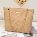 Elegant khaki quilted tote bag with V-shaped chevron stitching and gold chain straps - Apricot