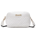 Bolso de hombro blanco acolchado en V con logo dorado y correa negra ancha - Blanco