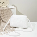 White faux fur crossbody bag with matching leather strap and golden metal hardware - White