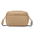 Bolso bandolera beige acolchado con bordado en V y correa ancha tejida con patrones - Caqui