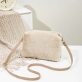 Cute beige plush crossbody makeup bag with soft texture and slim leather strap - Khaki