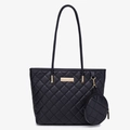 Large capacity black quilted tote bag with golden logo and matching round purse set - Black