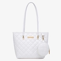 White quilted tote bag with matching coin purse and gold metal plate detail - White