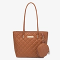 Caramel brown quilted tote bag set with matching round coin purse and gold hardware - Brown