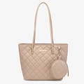 Beige quilted rhombic tote bag set with matching round coin purse and gold plaque - Khaki