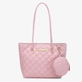 Borsa tote trapuntata rosa con portamonete rotondo abbinato e dettagli dorati - Rosa