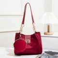 Burgundy velvet tote bag with matching round pouch and golden chain strap detail - Red