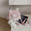 Pink and beige canvas bunny ear crossbody bag with cute bear pendant and strap - With Pendant / Pink