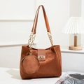 Caramel brown suede tote bag with chain strap and matching round coin purse pendant - Brown