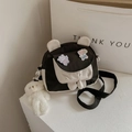 Japanese style black and white canvas crossbody bag with cute bear ears and plush charm - With Pendant / Black