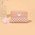 Pink vintage short coin purse with butterfly clasp and floral print plush ball charm - Pink