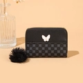 Retro black faux leather wallet with grey floral pattern and plush butterfly charm - Black