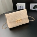 Stroh-Umhängetasche mit goldener Kette und Metallverschluss in hellem Beige-Finish - Beiger gewebter Stil (1)
