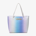 Elegante borsa tote in pelle trapuntata sfumata viola-blu con logo dorato e manici - Blu