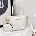 White quilted tote bag with gold Sunnycity logo and matching mini round coin purse - White