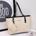 Set de cabas en paille tressée beige avec anses en cuir noir et pochette assortie - Lot de 2 Noir