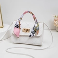 White quilted crossbody square bag with gold buckle and decorative silk scarf handle - White