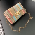 Rainbow striped straw crossbody bag with golden chain strap and metallic twist lock - Rainbow Diagonal Striped Style (5)