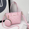 Pink quilted bucket bag set with matching round pouch and gold metal accents - Pink