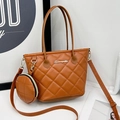 Brown quilted rhombus bucket bag set with round coin purse and metal logo detail - Brown